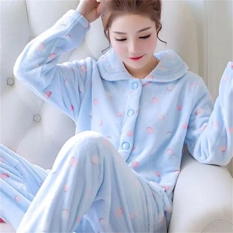 New Women's Autumn and Winter Warm Pyjamas Homewear Suit Coral Velvet Pajamas Girls Padded Thickened Sweet Flannel Homewear