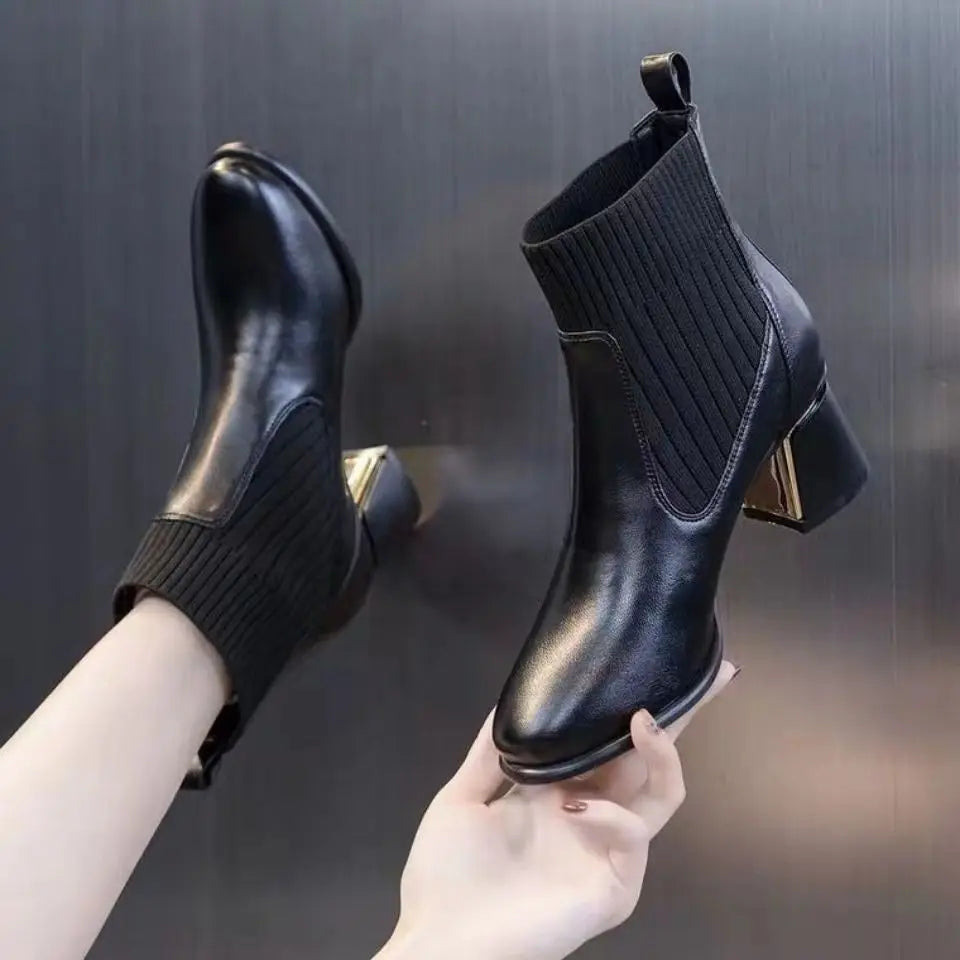 Elegant with Medium Heels Leather Women's Ankle Boots Autumn Winter Female Short Shoes Solid Color Booties Pu Boot on Promotion