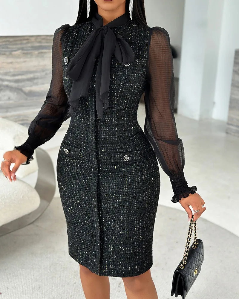 Women's Dress Elegant Tie Neck Mesh Patch Long Sleeve Midi Dress Frill Hem Shirred Fashion Work Dress