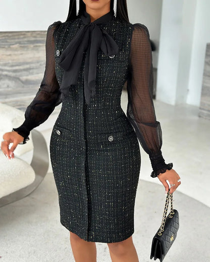 Women's Dress Elegant Tie Neck Mesh Patch Long Sleeve Midi Dress Frill Hem Shirred Fashion Work Dress