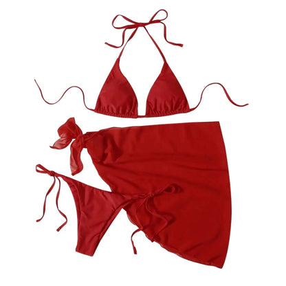 Sexy Three Pieces Bikini Set Women Summer Bikini With Sarong Skirt Solid Color Triangle Cup Tie Up Female Swimwear Swimming Suit