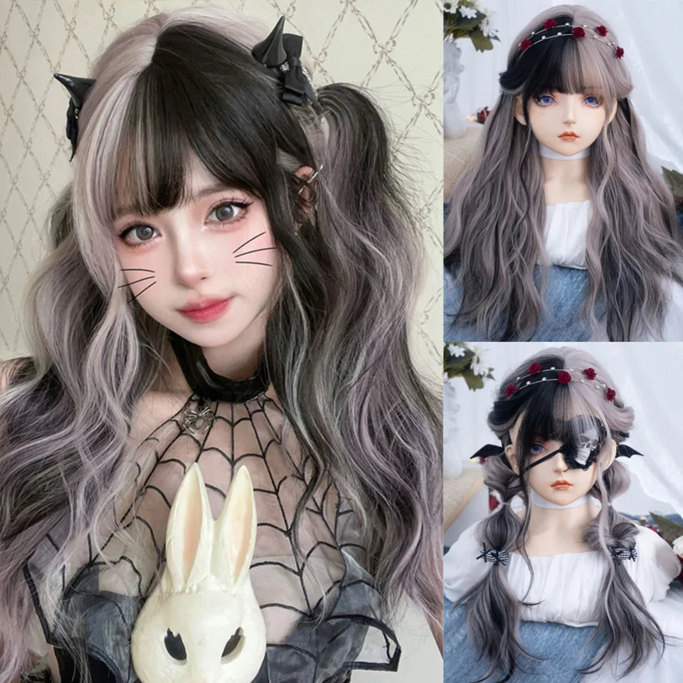 Synthetic Short Lolita Cosplay Christmas Halloween Bob Brown Blonde LM Wig With Long Curly Ponytail Natural Fake Hair for Women