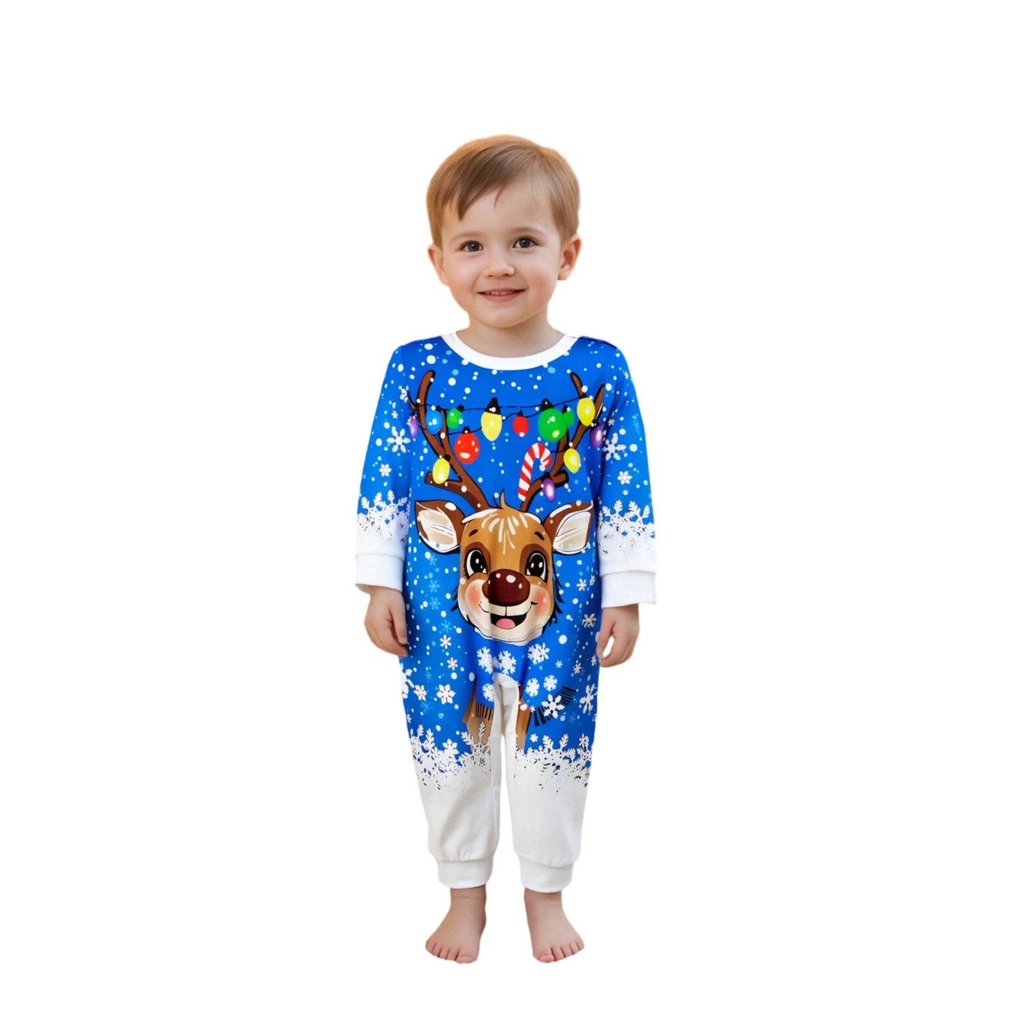 Christmas Family Pajamas Matching Set Long Sleeve Snowflake Print Top with Reindeer Print Bottoms Sleepwear Loungewear