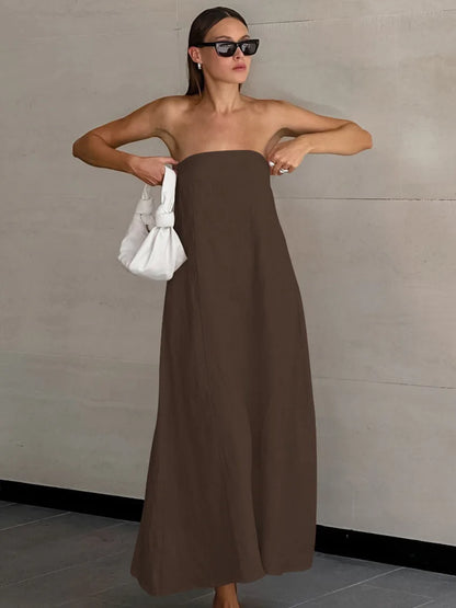 Minimalist Cotton Linen Design Strapless Dress Summer Women's Personal Street Elastic Backless Pocket Vacation Beach Dress