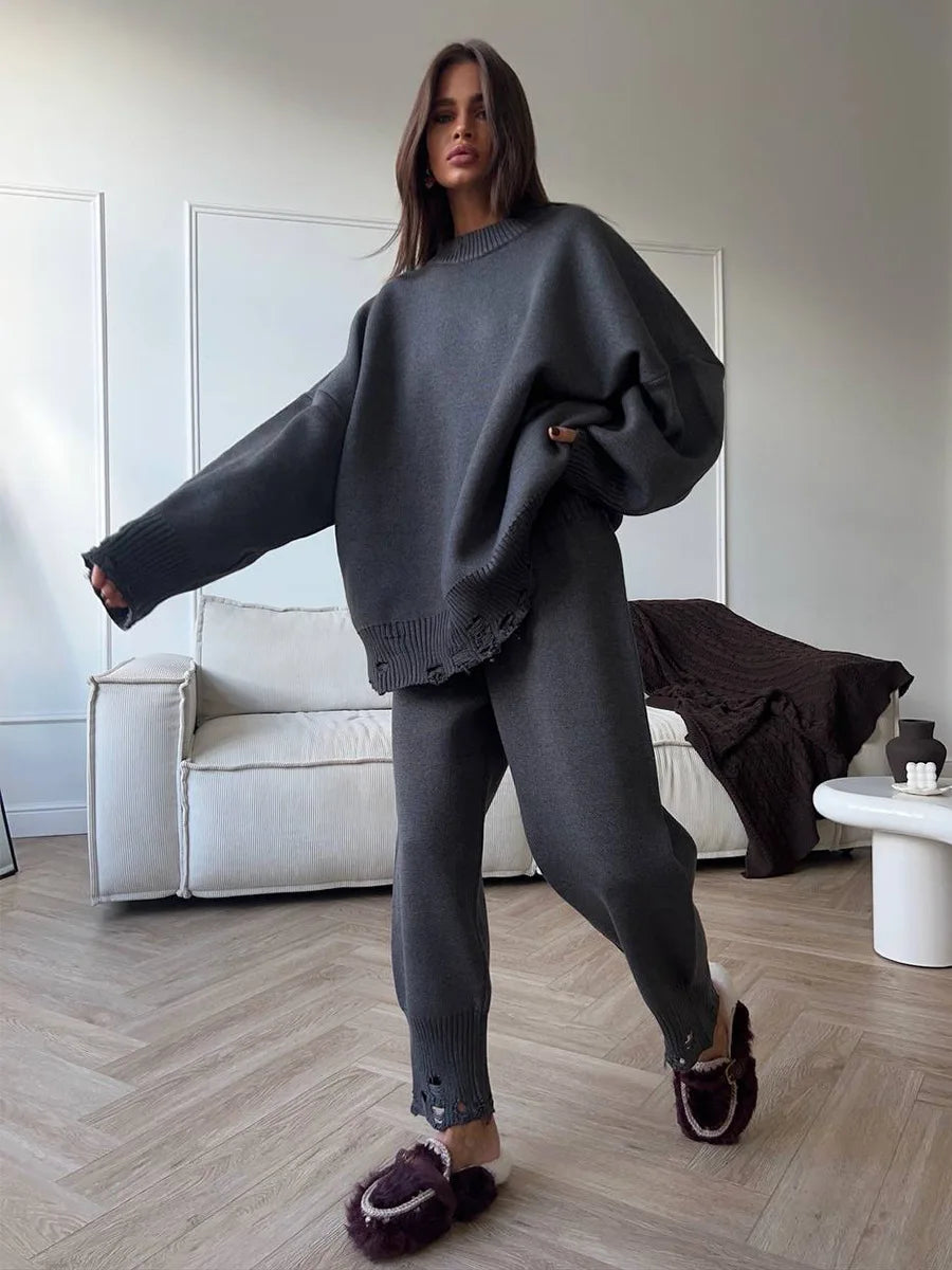 Bornladies Autumn Winter Women's New Turtleneck Knit Sweater Skinny Knit Pants Set Soft Oversized Ripped Hem Fashion Pullover