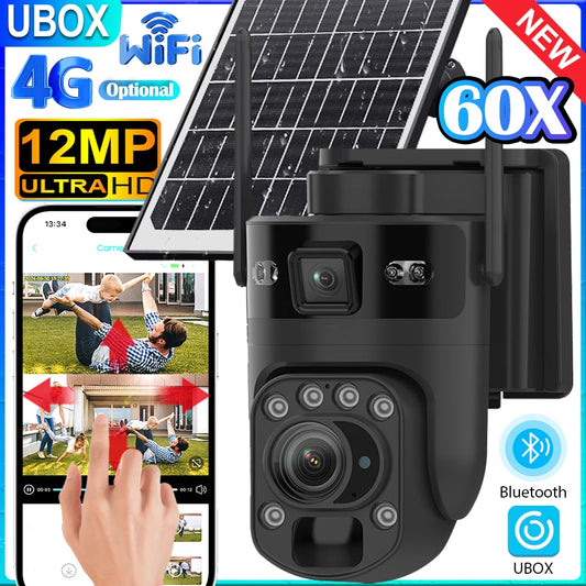 Ubox 12MP 60X Zoom 4G LTE Solar Camera Dual Screen Outdoor WiFi Security Camera PTZ PIR Detection Auto Tracking CCTV Waterproof