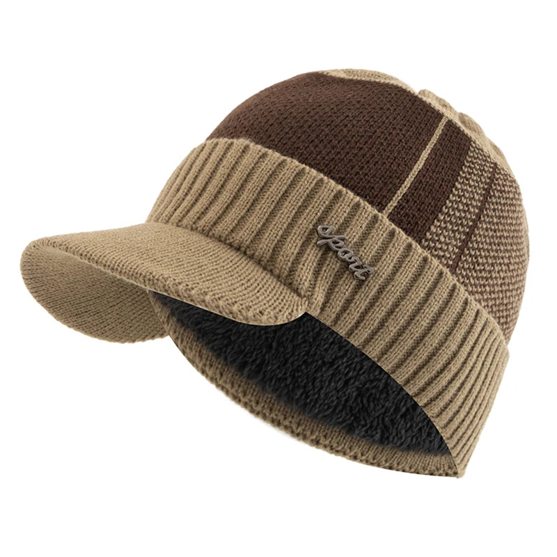 New Unisex Warm Winter Hat With Brim Add Fur Lined Beanie Hat Sports Label Thicken Winter Hats For Men Women Knitted Hat