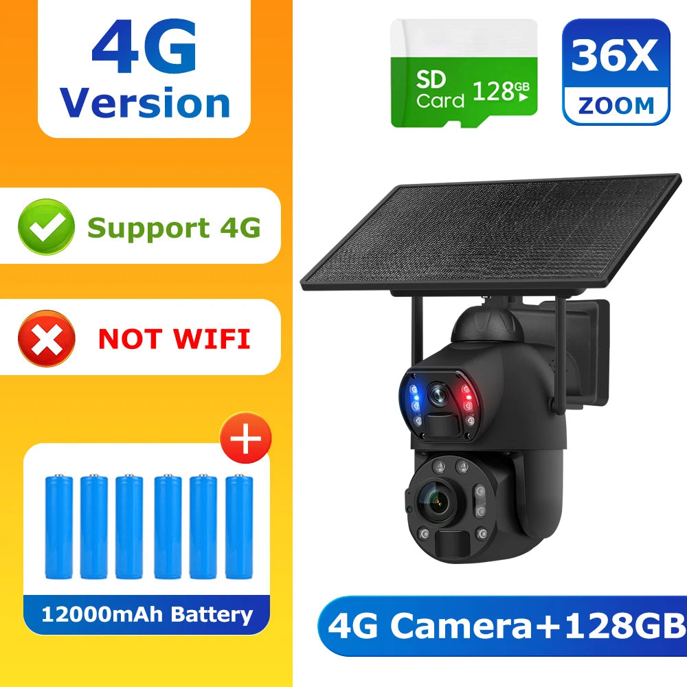 SHIWOJIA 4K 8MP 36X Zoom 4G Solar Camera Dual Lens Dual Screen Human Detect Auto Tracking Outdoor 10W Solar Panel WIFI CCTV