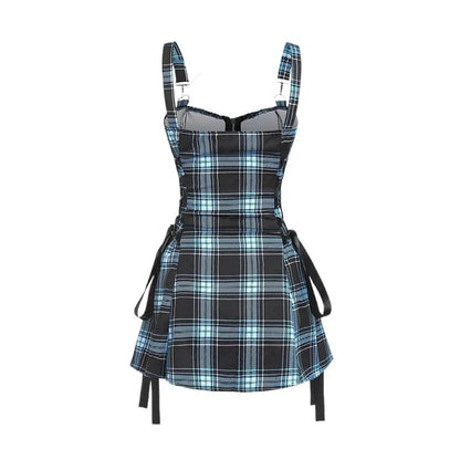 Dark Gothic Women Plaid Dress High Waist Bodycon Vintage Punk Harajuku Lolita Sleeveless Streetwear Y2K Sexy A-Line Mini Dresses