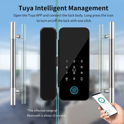Tuya APP Glass Door Fingerprint Lock Bluetooth Smart Biometric Electronic Office Glass Door Lock 13.56Mhz RFID IC Keyless Unlock