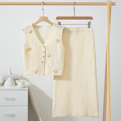 Two Piece Set Women Outfit Spring New Three-Dimensional Flower Decor V-Neck Sleeveless Knitted Vest & High Waist Skirt Set