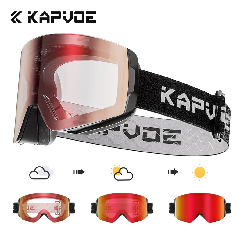 KAPVOE New Outdoor Photochromic Ski Goggles Winter Snow Sports for Unisex Snow Glasses UV400 Anti-fog Magnetic Snowboard Glasses