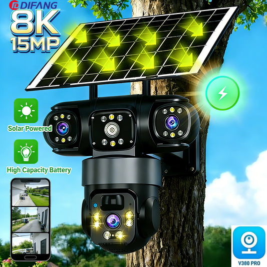 Solar WiFi Security Camera, V380 Pro  Triple Screen PTZ CCTV, AI Auto Tracking, Waterproof Outdoor Wireless Solar Camera