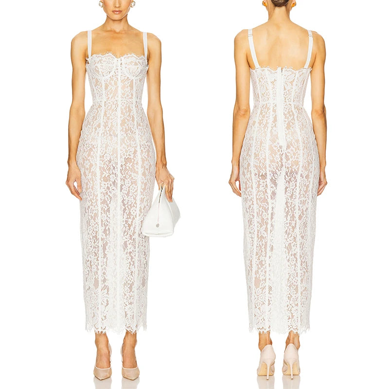 Black Lace Patwork Sleeveless Maxi Dress for Women 2025 Summer Sexy Bodycon Party Dresses Fashion Summer Celebrity Club Wear