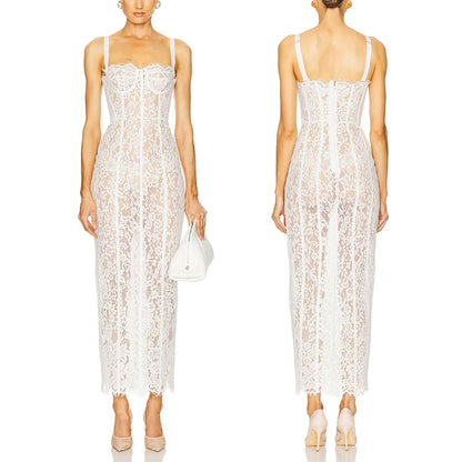 Black Lace Patwork Sleeveless Maxi Dress for Women 2025 Summer Sexy Bodycon Party Dresses Fashion Summer Celebrity Club Wear