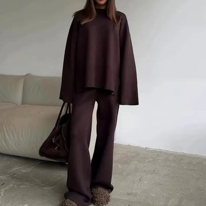 2025 Solid Color Knitted Sweater Two Piece Set Women Fashion Loose O Neck Knitting Pullover Trousers Sets Female Simple Style