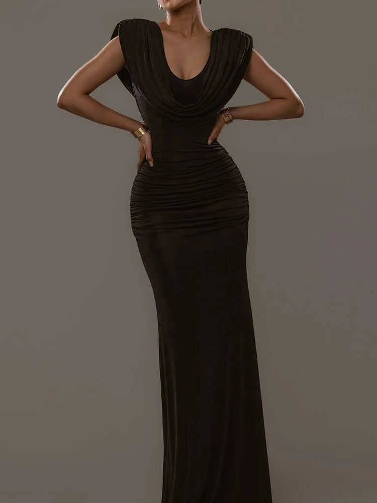 Sisterlinda Ruched Elegant Velvet Dress Women Swing Collar Classic Sexy Fashion Solid Skinny Evening Cocktail Party Long Bodycon