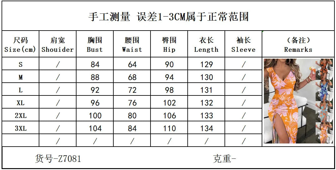 Womens Dresses Summer Floral Print Sexy V-Neck High Slit Sleeveless Casual Tight Fitting Daily High Waist Long Dress