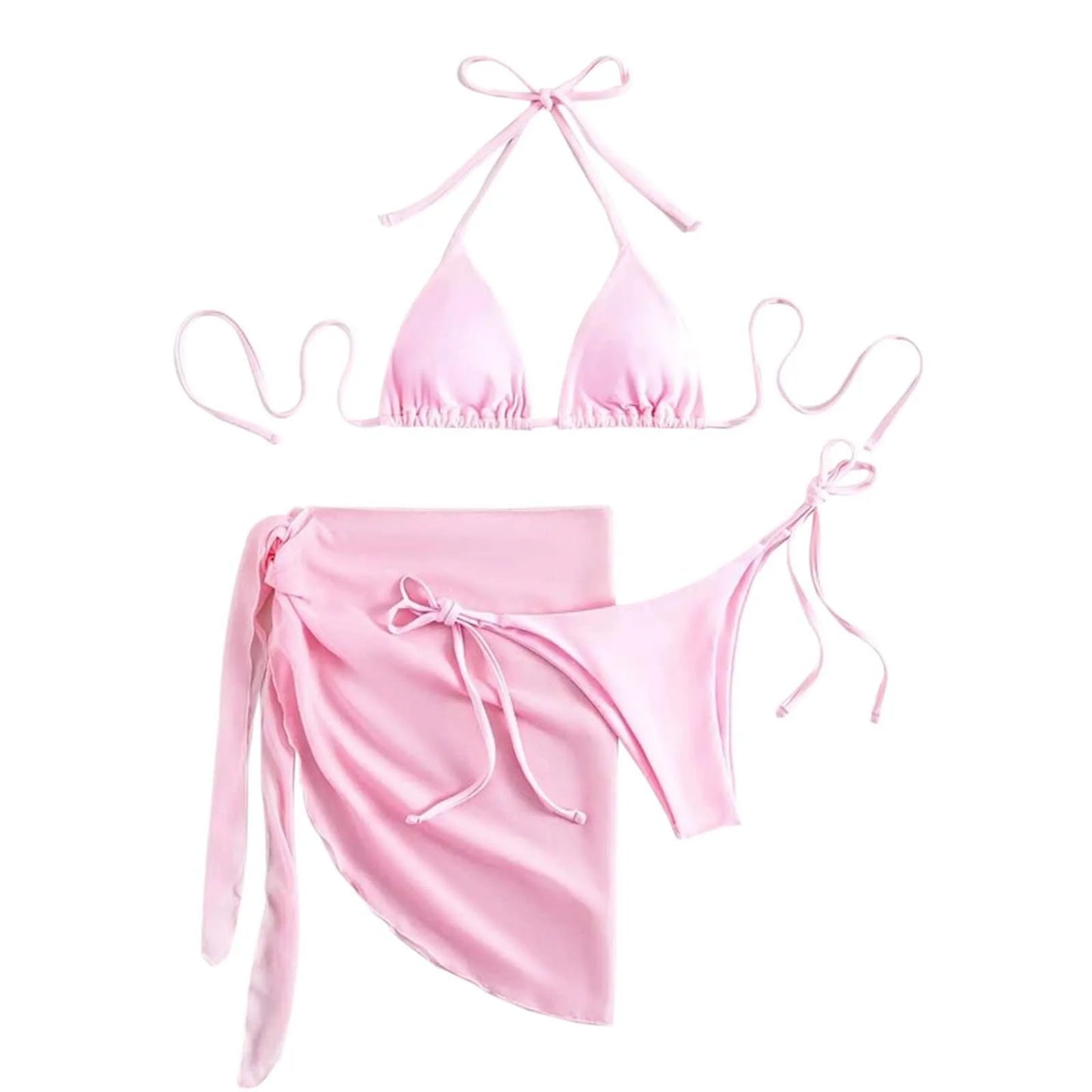 Sexy Three Pieces Bikini Set Women Summer Bikini With Sarong Skirt Solid Color Triangle Cup Tie Up Female Swimwear Swimming Suit