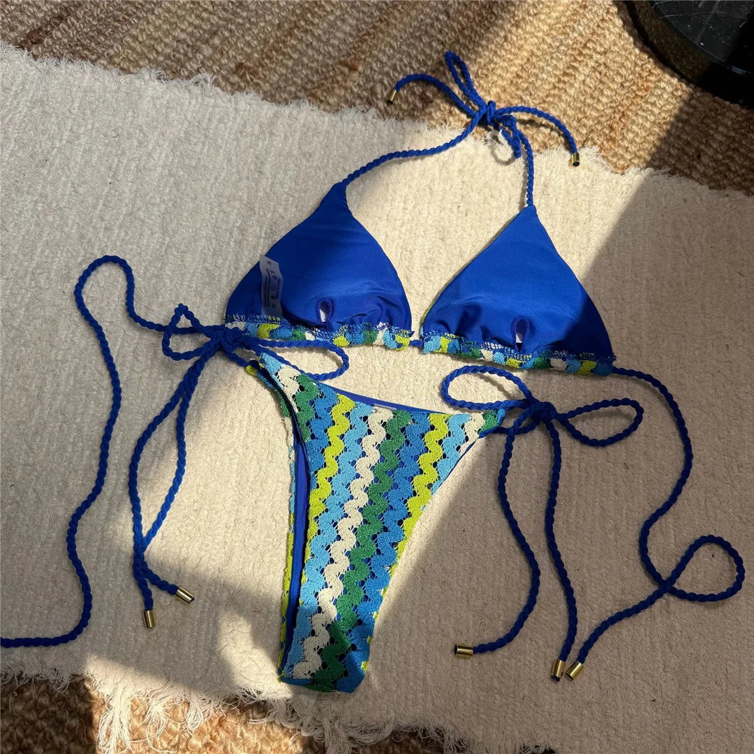Colorful Halter Bikini Women Swimwear Female Swimsuit Two-pieces Bikini set High Leg Cut Padded Bather Bathing Suit Swim V6991