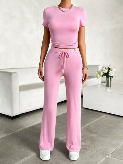 Summer Comfortable Casual Women's Home Sports Set 2025 New Fashionable Solid Color Slim Body Clothes + Trousers Two-piece Set