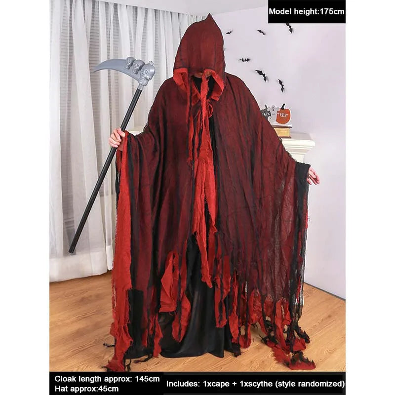 Halloween Hooded Cloak Medieval Renaissance Gothic Wizard Cape Grim Reaper Cosplay Costume for Adult Scythe Weapon Prop