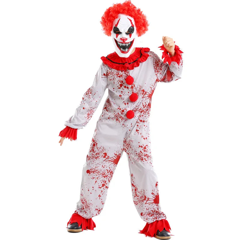 Movie Killer Clown Costume Cosplay For Boy Girl Scary Clown Gray Jumpsuit with Blood Fancy Hallween for Boys Terror Jumpsuit