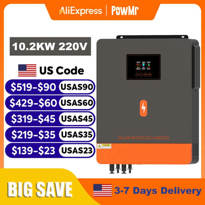PowMr 10.2KW Hybrid Solar Inverter 48V 230V On Grid Off Grid Pure Sine Wave Inverter Dual Output MPPT 160A Solar Battery Charger