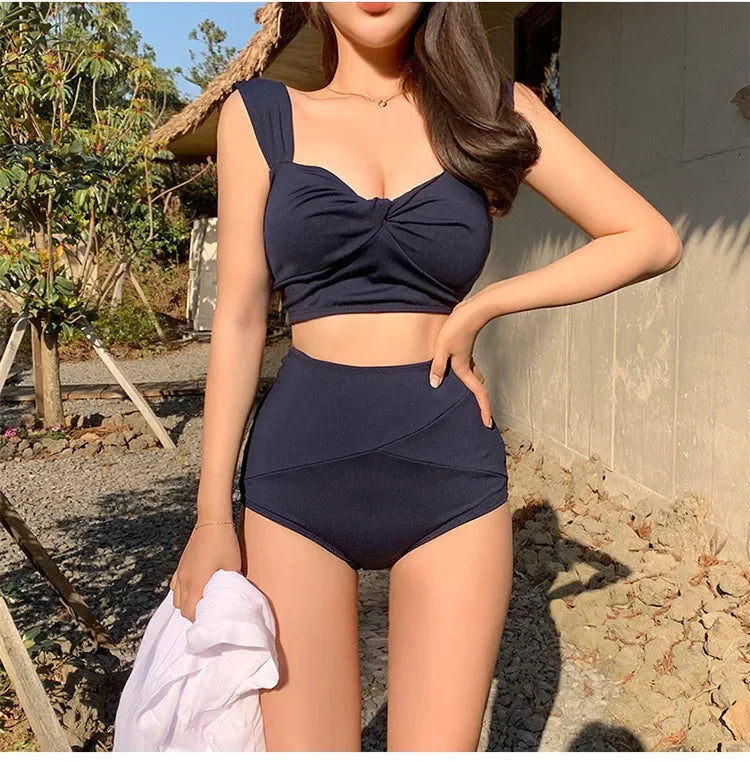 Korean Goddess Bikini Set Women's Two-Piece Triangle High-Waist Thermal Spring Swimsuit Small Chest Ideal for Swimming