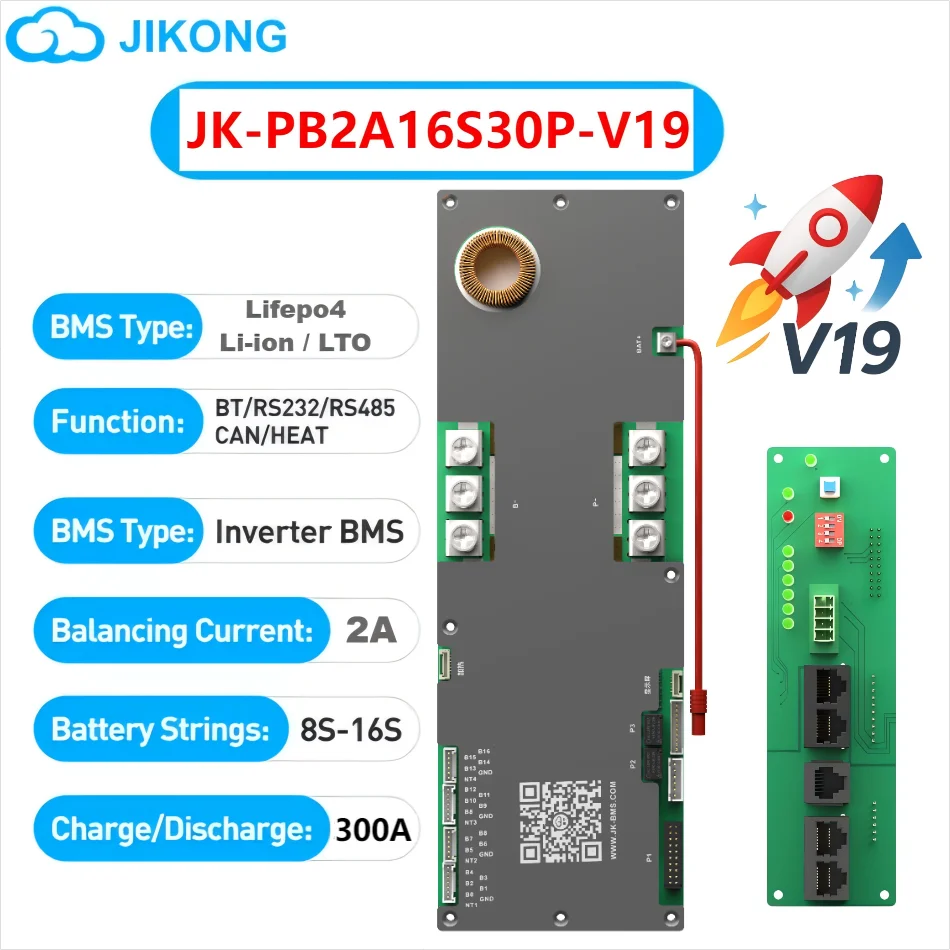 JIKONG Inverter BMS V19 200A 300A Active Balance 1A 2A LiFePo4 Li-Ion LTO Battery 8S 16S 24V 48V JKBMS V19 Home Energy Storage