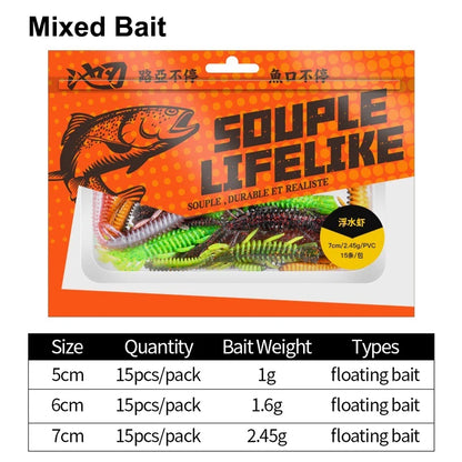 15PCS Floating Soft Shrimp Fishing Bait 5/6/7CM NED Rig Wobbler Shrimp Swim Lure Jig Salt Silicone Swimbait with Fish Attractant