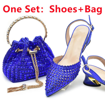 New Fashion Gold Color Shoes and Bags To Match Set Nigeria Party Women's Wedding Bag and Shoe Set Decorated with Rhinestone