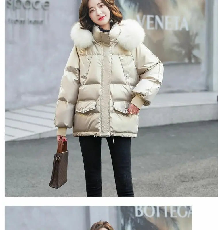 2025 Winter Fashion New Warm Duck Down Jacket Women's Clothes Glossy Fur collar Thicken Parka Short Down Coat Female Trend
