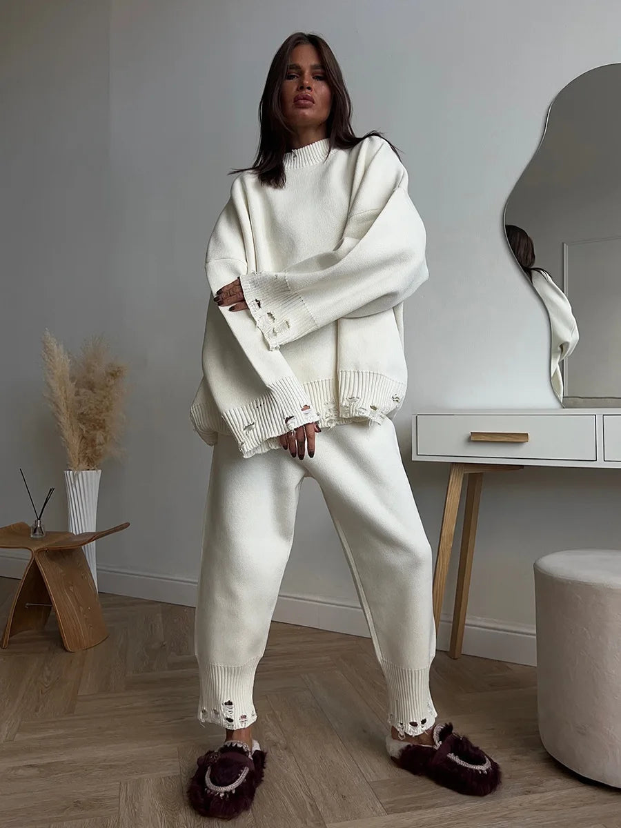 Bornladies Autumn Winter Women's New Turtleneck Knit Sweater Skinny Knit Pants Set Soft Oversized Ripped Hem Fashion Pullover