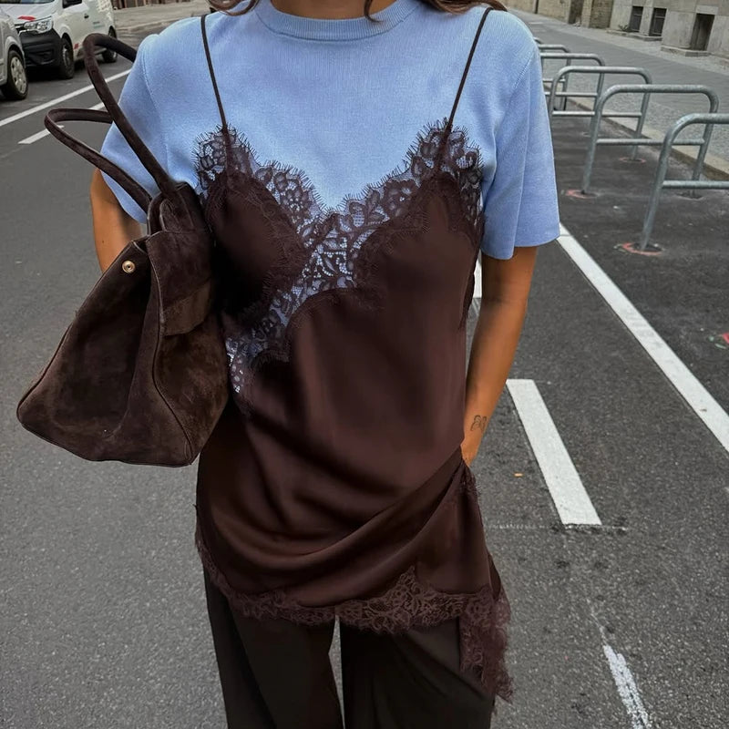 Sexy Irregular Satin Lace Dress Women Fashion V Neck Hem Suspender Mini Dresses 2025 New Fashion Party Vestidos Camisole Dress