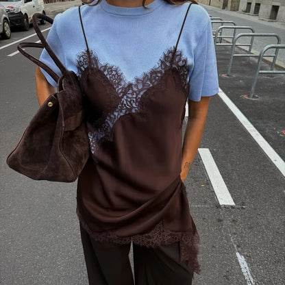Sexy Irregular Satin Lace Dress Women Fashion V Neck Hem Suspender Mini Dresses 2025 New Fashion Party Vestidos Camisole Dress