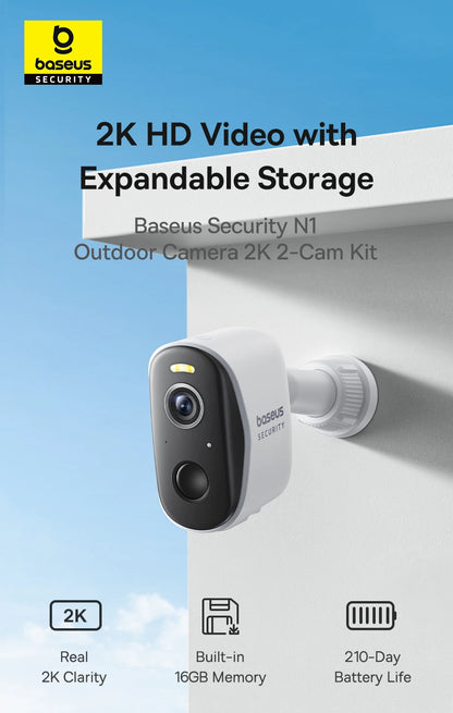 Baseus Security Protection Outdoor Camera N1 Series 2K 2-Cam Kit Wireless Home Security 210-Day Battery Life HomeKit 16TB Memory