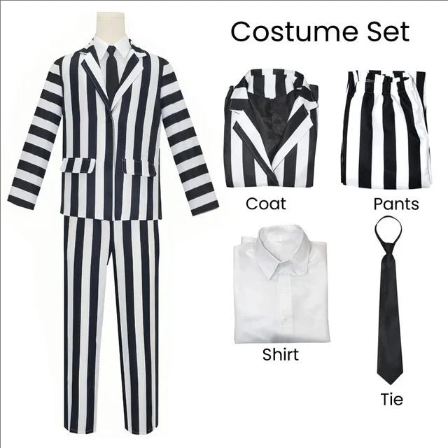 Anime Cosplay Beetle Juicee Men Black and White Striped Suit Scary Halloween Costumes Tie Shirt for Cosplay Party