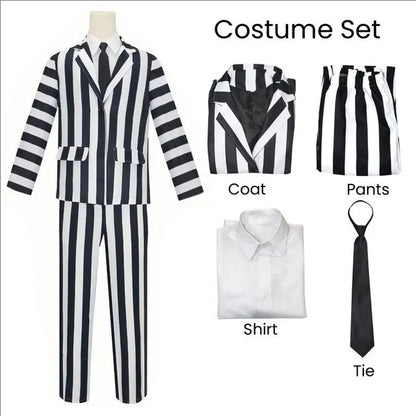 Anime Cosplay Beetle Juicee Men Black and White Striped Suit Scary Halloween Costumes Tie Shirt for Cosplay Party