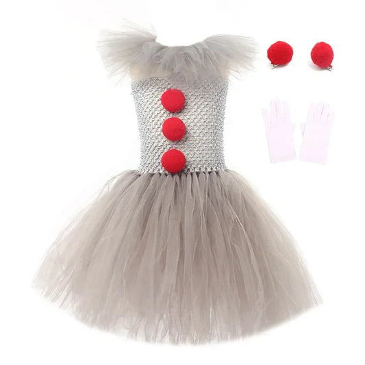 Halloween Horror Clown Pennywise Devil Spooky Costume Kids Girls Tulle Dress Joker Gothic Evil Carnival Outfit Tutu Dress Child