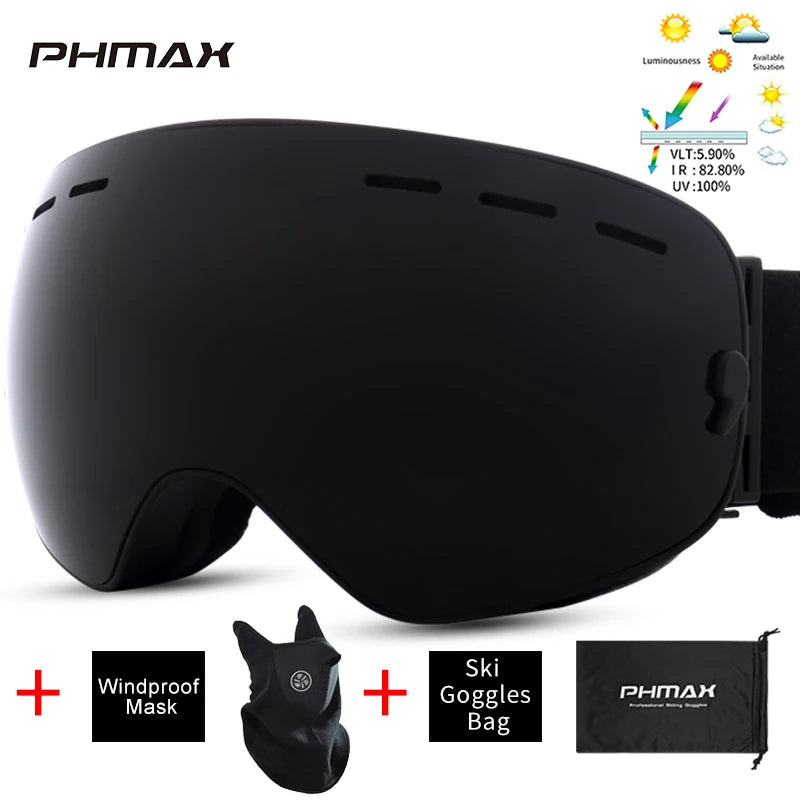 PHMAX Ski Goggles Men Snowboard Glasses Women Winter Outdoor Snow Sunglasses UV400 Double Layers Lens Anti-Fog Skiing Goggles