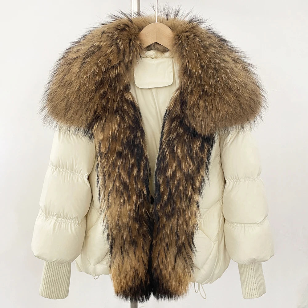 OFTBUY 2025 New Winter Large Real Raccoon Fur Puffer Coat Women Oversized Feather Down Parka Knit Sleeve White Duck Down Jacket