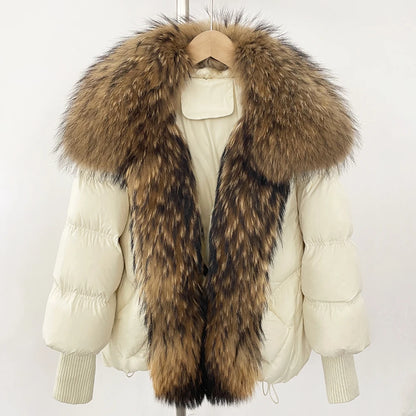 OFTBUY 2025 New Winter Large Real Raccoon Fur Puffer Coat Women Oversized Feather Down Parka Knit Sleeve White Duck Down Jacket