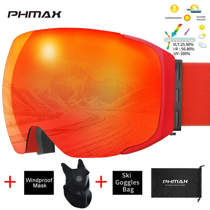 PHMAX Magnetic Ski Goggles UV400 Skiing Eyewear Anti-fog Lens Women Men Winter Outdoor Sports Mountain Snowboard Big Snow Goggle