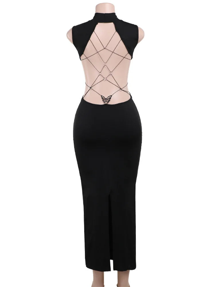 Nibber Cross Bandage Dress Women Y2K Butterfly Metal Hollow Backless Sleeveless Fitness Midnight Club Summer Vacation Bodyco