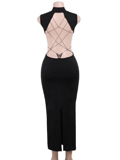 Nibber Cross Bandage Dress Women Y2K Butterfly Metal Hollow Backless Sleeveless Fitness Midnight Club Summer Vacation Bodyco