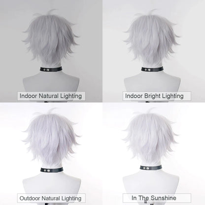 Short White Synthetic Straight Wig Anime Game Cosplay Heat Resistant Fluffy Men Wig for Daily Party