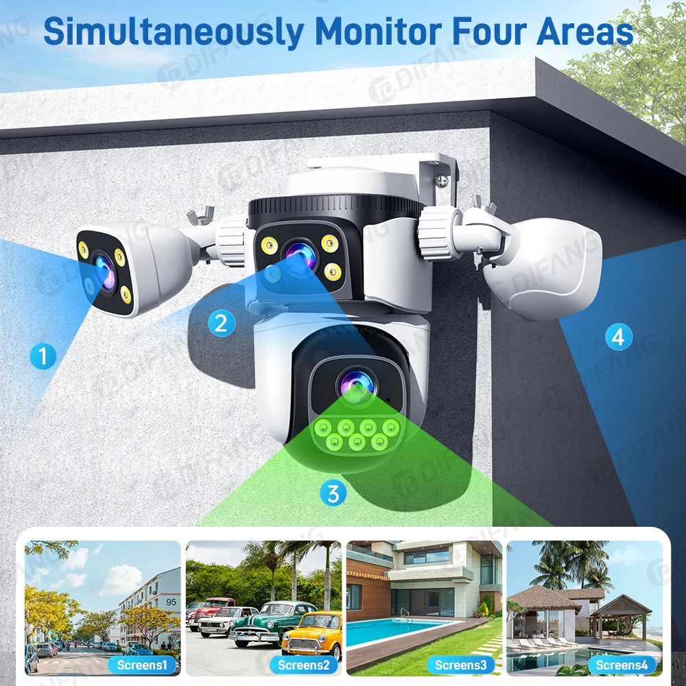 DIFANG 20MP 4 Screens WiFi Camera Outdoor Quad Lens Security Camera Waterproof  IP Camera 10K Four Screens Video Surveillance