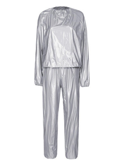 2Pcs Women Sauna Suit PVC Long Sleeve Elastic Cuff Top Pants Set Fitness Gym Workout Outfit Sweat Suits for Adults Clothes Sets