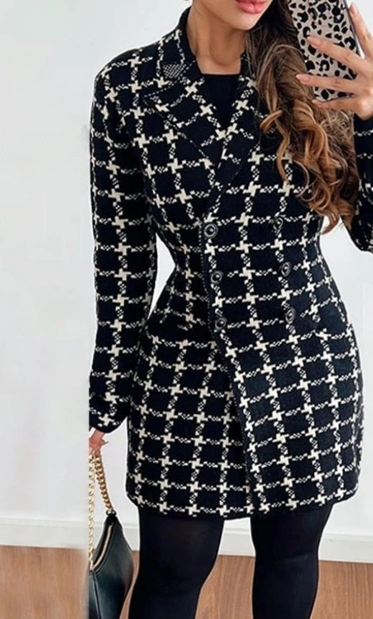 Female Jacket Autumn Fashion Double Breasted Plaid Print Elegant Long Sleeved Notched Collar Casual Daily Blazer Coat